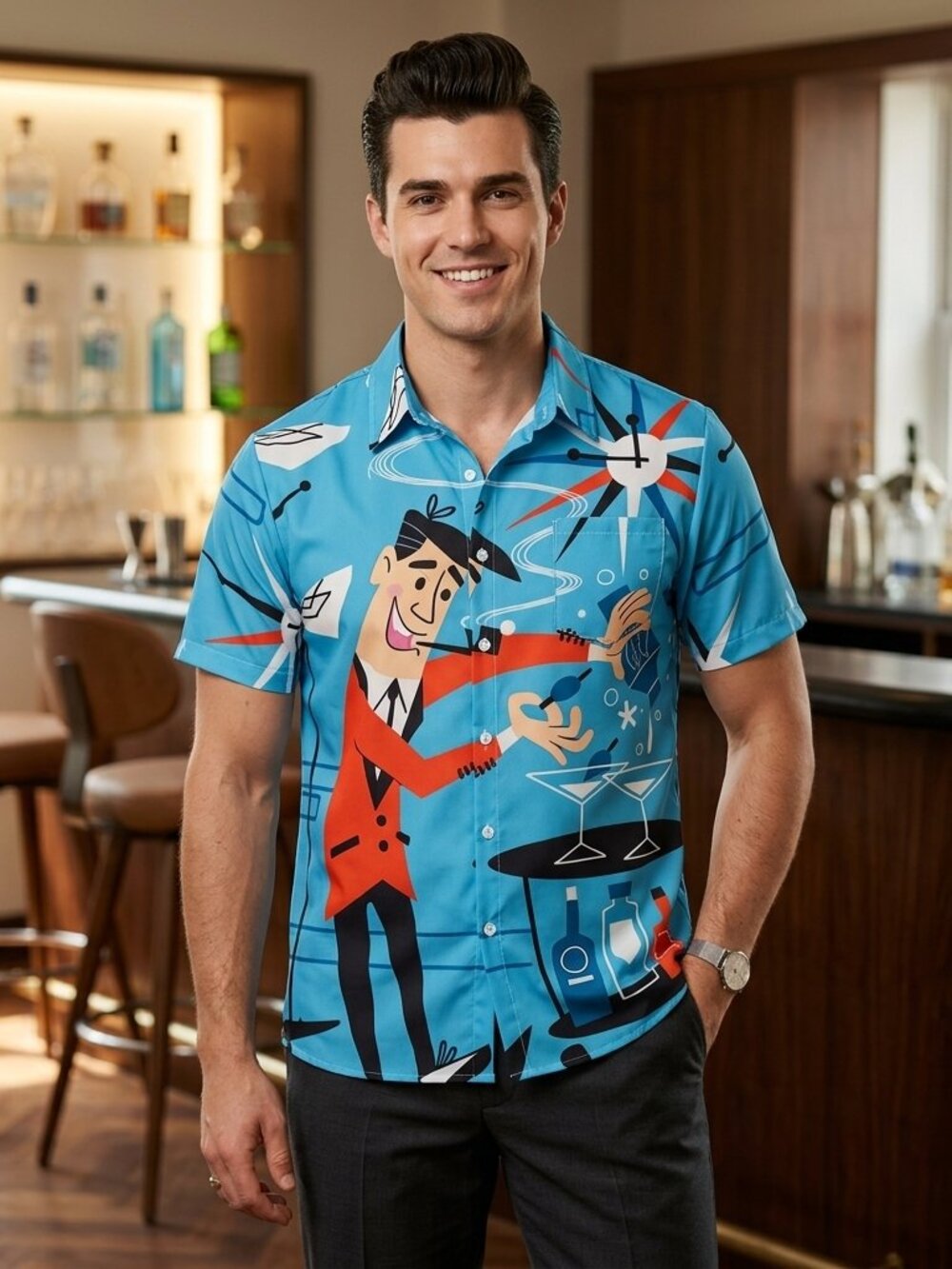 Retro 1950s Cocktail Bartender Hawaiian Shirt • Vintage Print Button‑Up • Unisex
